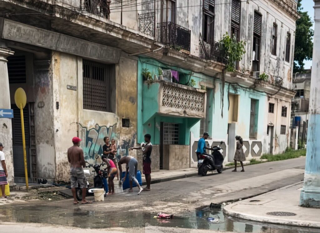 Vida cotidiana en una calle con edificios antiguos y coloridos.