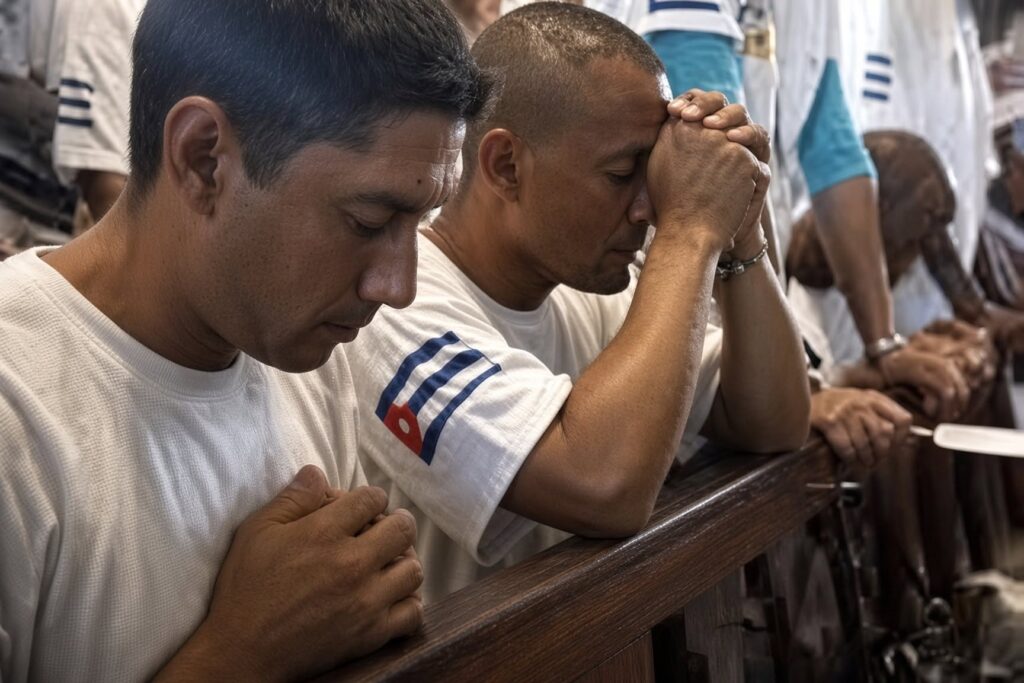 Dos hombres con camisetas blancas rezando en silencio.