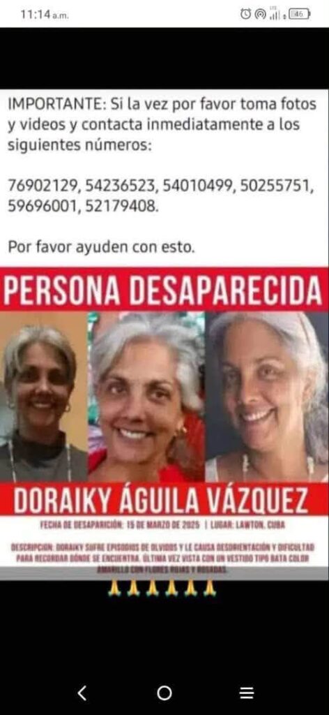 Cartel de persona desaparecida, Doraiky Águila Vázquez, Lawton, Cuba.