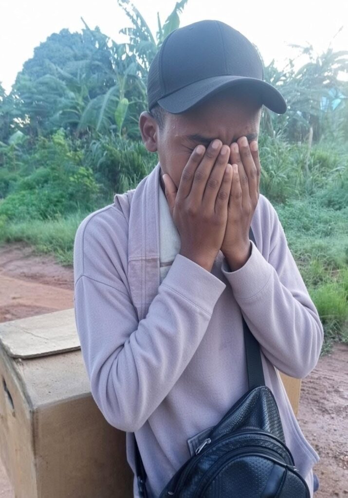 Joven con gorra cubriéndose la cara con las manos.