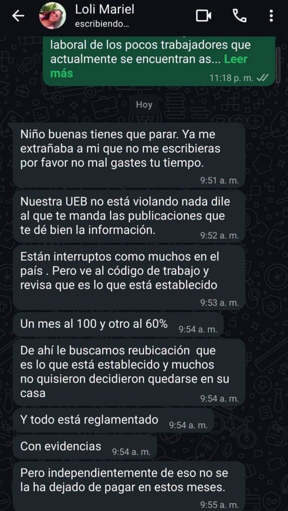 Captura de pantalla de chat de WhatsApp sobre temas laborales.