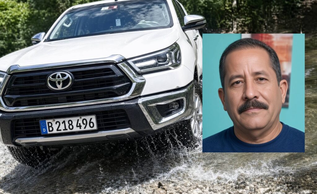 Toyota blanco cruzando un río con retrato de hombre superpuesto