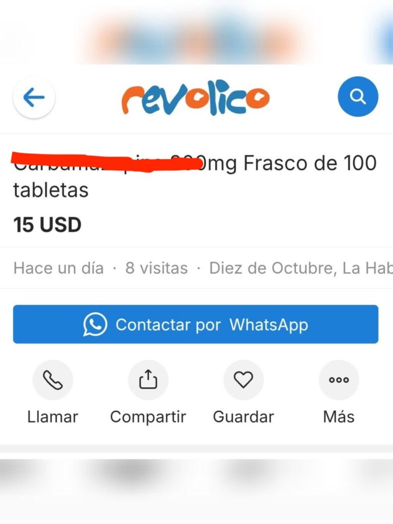 Anuncio de Carbamazepina en la plataforma Revolico por 15 USD.