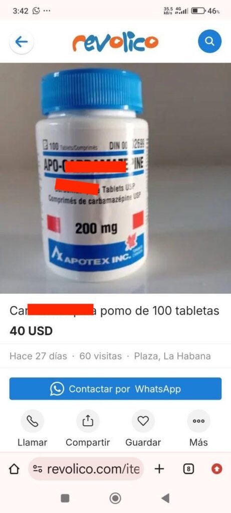 Frasco de 100 comprimidos de carbamazepina de 200 mg.