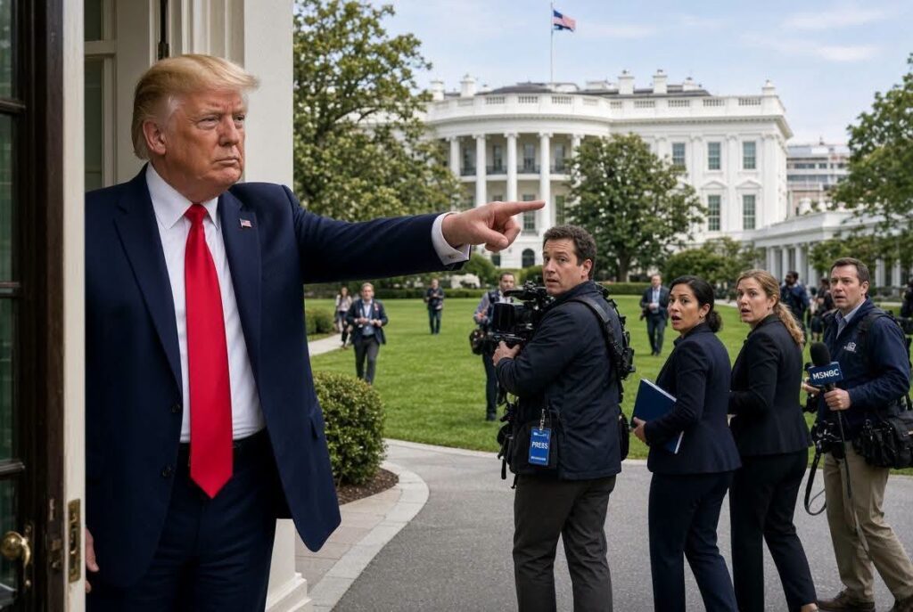 Donald Trump señalando ante la prensa frente a la Casa Blanca.