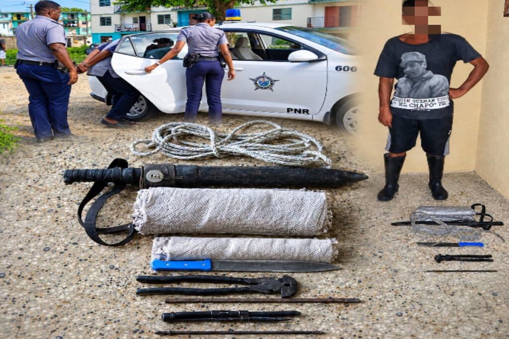 Arresto policial y exhibición de herramientas y objetos incautados.