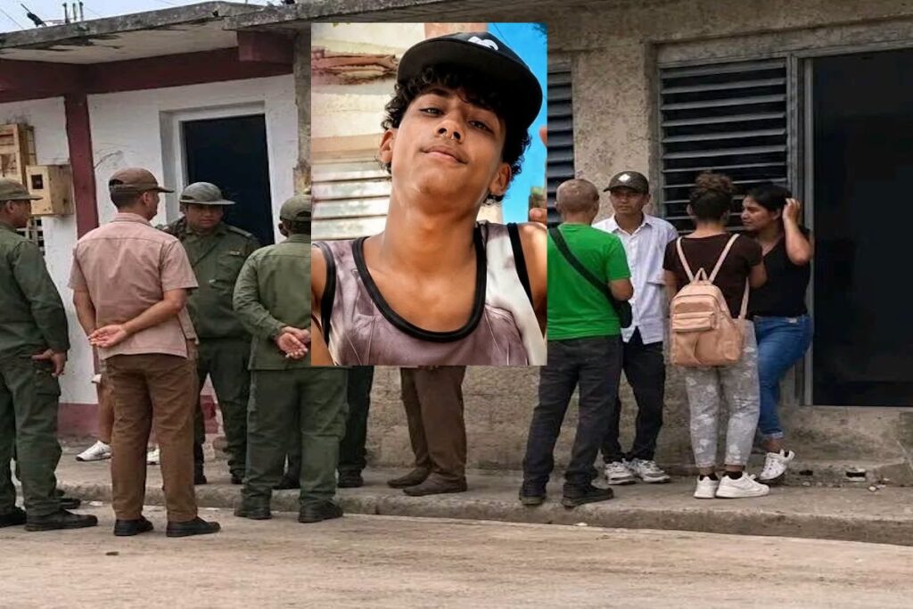 Joven sobre escena con militares y civiles en la calle.