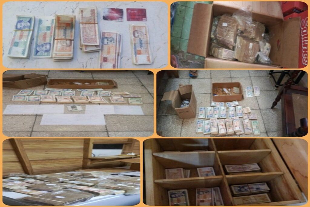 Collage de fajos de billetes cubanos decomisados en cajas.