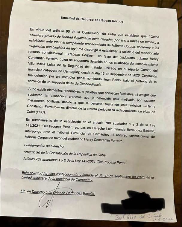 Solicitud impresa de recurso de Hábeas Corpus en Cuba.