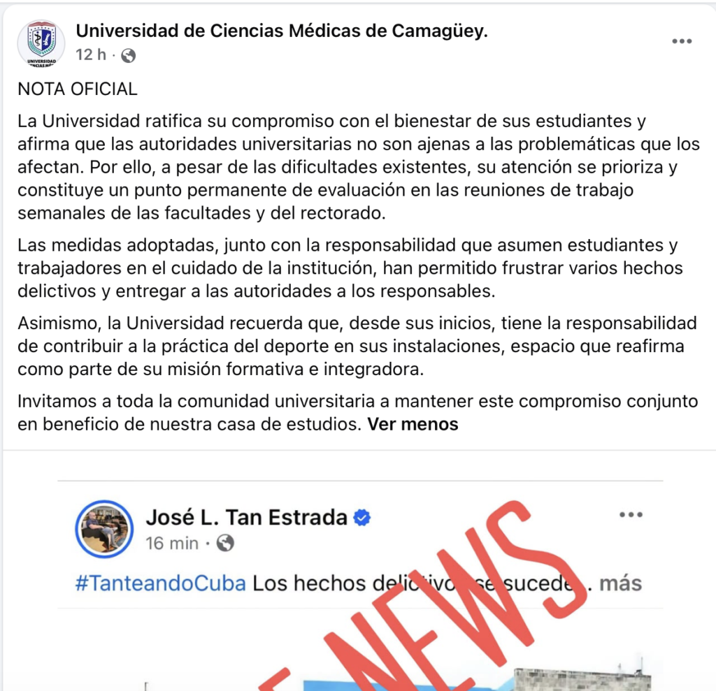 Captura de pantalla de un comunicado oficial y contenido desmentido.