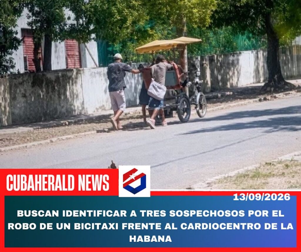 Dos hombres empujando un bicitaxi por una calle soleada.