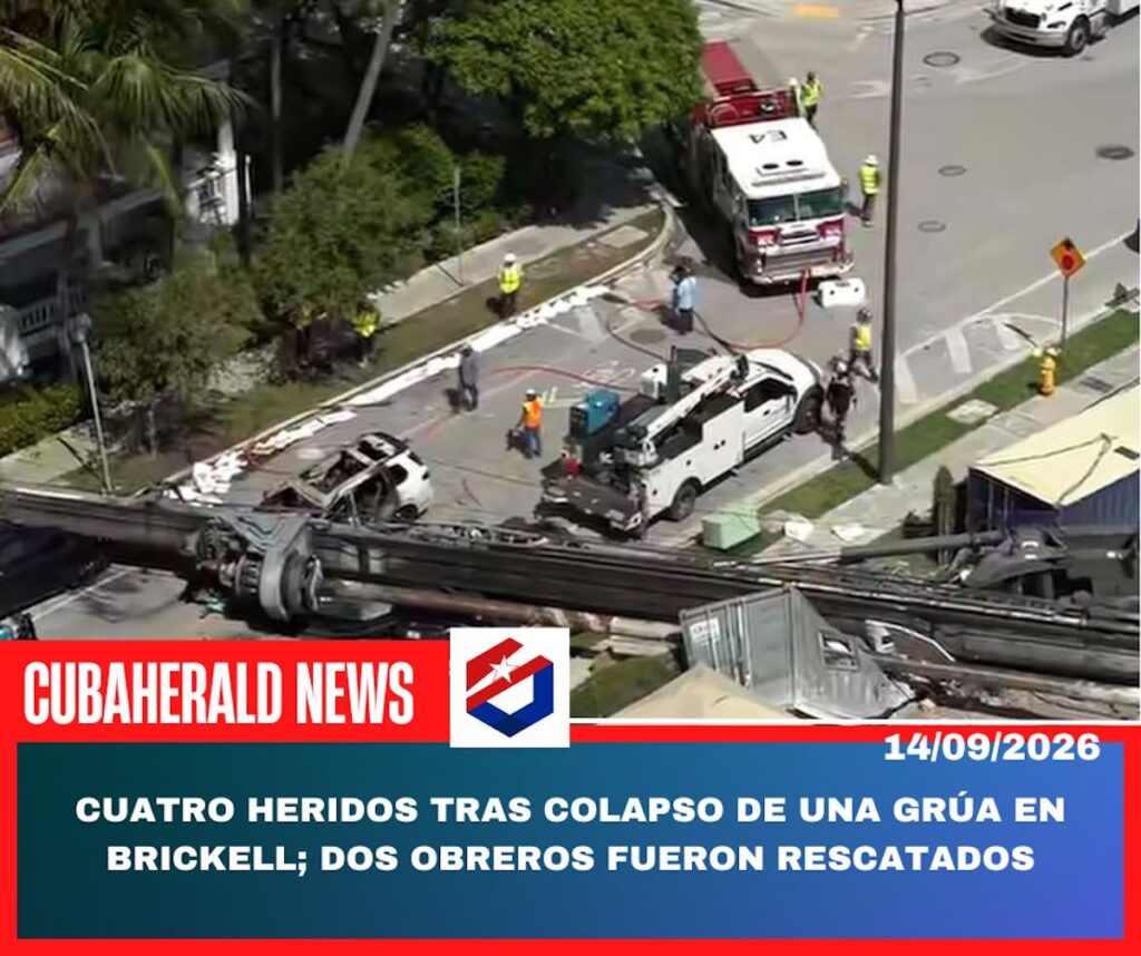 Colapso de grúa en Brickell con vehículos de emergencia presentes.
