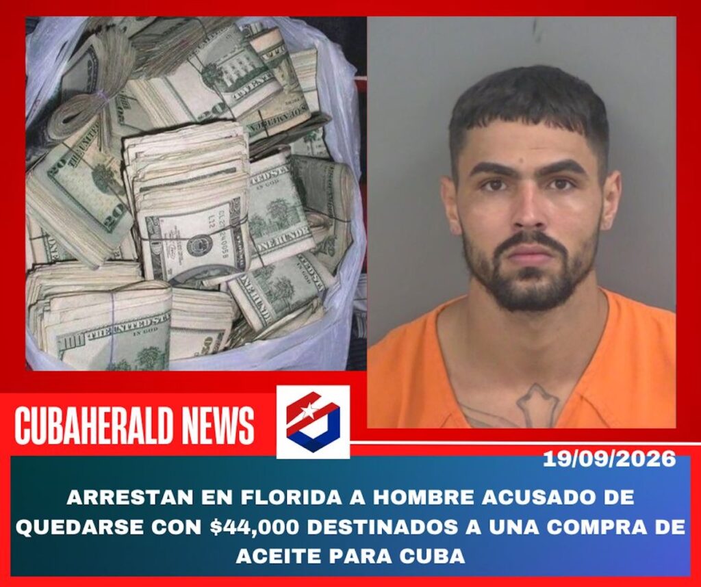 Foto policial de un hombre y bolsa llena de billetes.