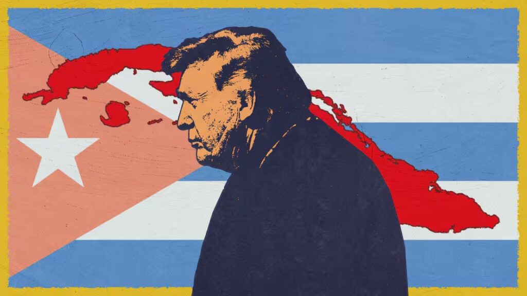 Silueta de Donald Trump frente a la bandera de Cuba.