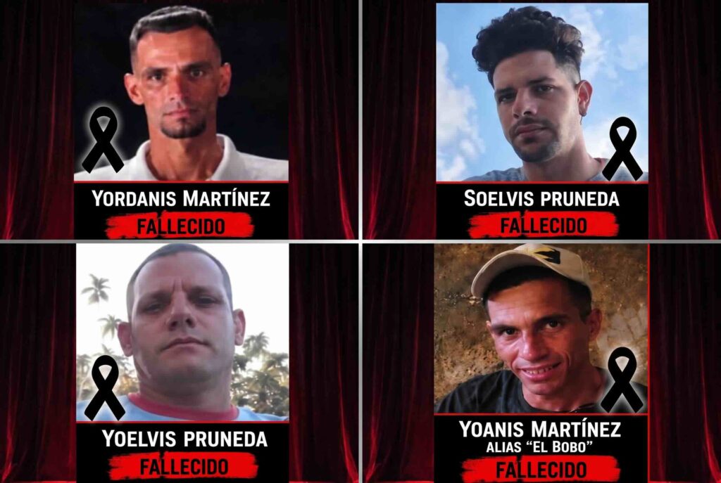 Collage con fotos de cuatro hombres fallecidos y lazos negros.