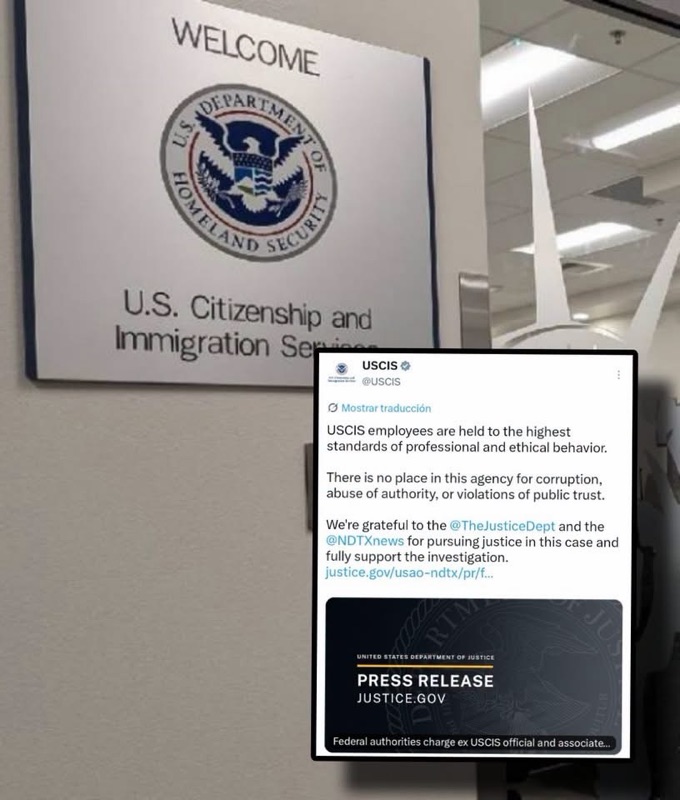 Letrero de USCIS y tuit oficial sobre integridad institucional.