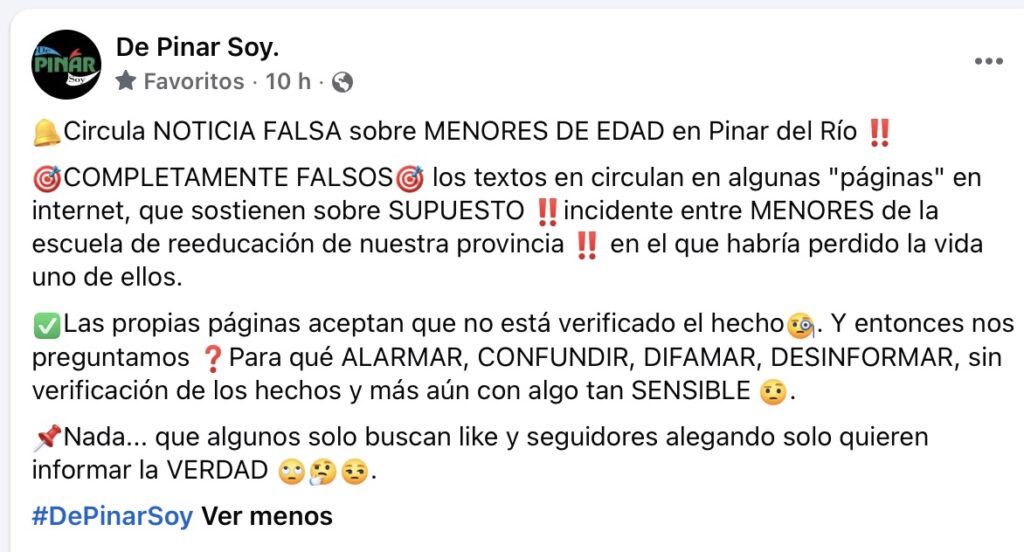 Captura de publicación en Facebook desmintiendo noticias falsas sobre menores.